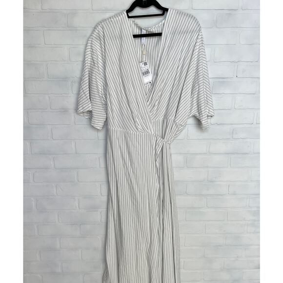 MANGO NWT Women's Cotton White Grey Pin Stripe Maxi Wrap Dress Plus Sz 3x - Picture 2 of 5